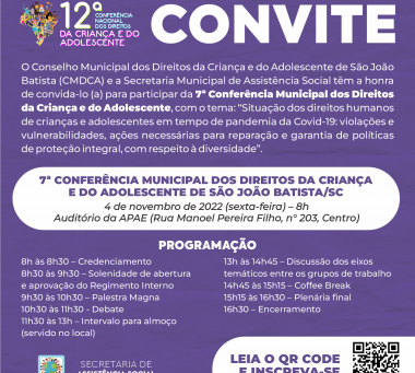 7ª Conferência Municipal dos Direitos da Criança e Adolescente de São João Batista acontece nesta sexta-feira (04)